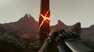 A rocky landscape with an anomaly device emitting crossing red beams